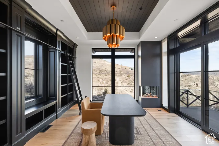 Built-in shelving with rolling ladder, natural wood-finish flooring, recessed fireplace, and floor-to-ceiling sliding glass doors