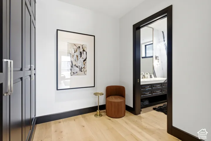 Light wood-finish flooring with dark trim