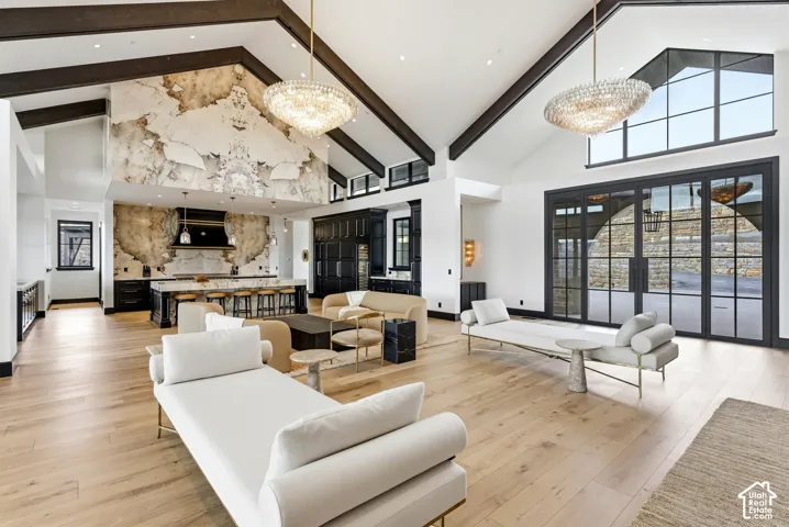 Soaring vaulted ceilings with exposed wood beams