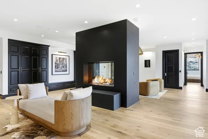 Light wood-finish flooring, built-in black cabinetry, a modern two-sided fireplace, and dark-paneled doors