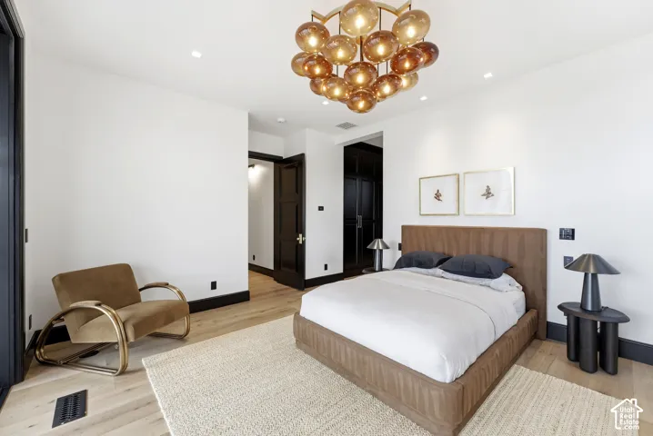Light wood-finish flooring, a contemporary ceiling light fixture, a dark wood-finish bed frame, and a dark wood-finish door