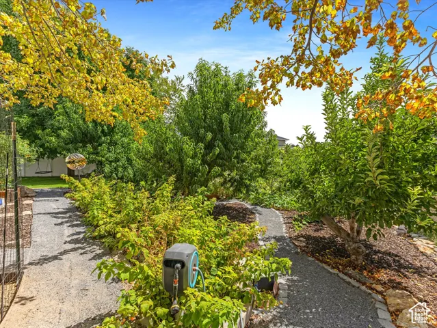 Gravel pathways bordered by natural stone and plantings