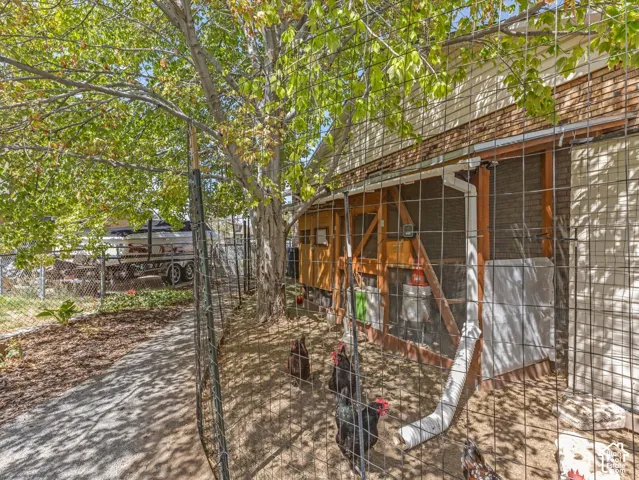 Fenced enclosure with a wooden structure, a mature tree, and a gravel path