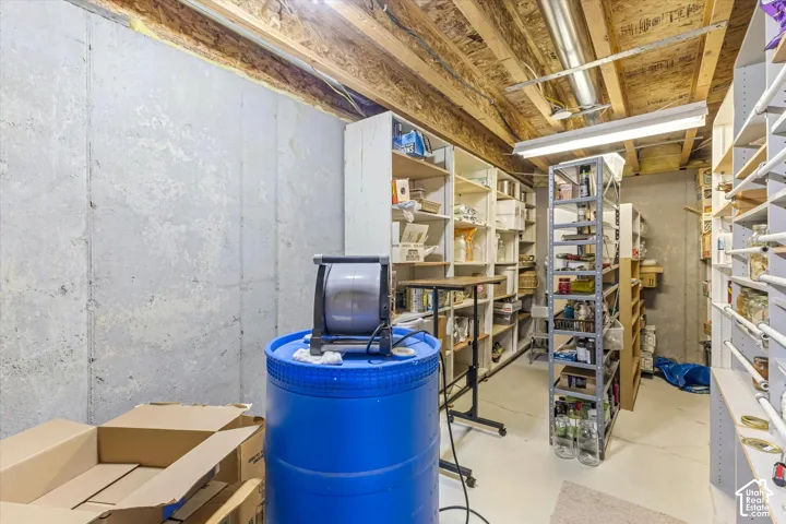 Unfinished basement featuring concrete walls, exposed ceiling joists, and fluorescent lighting