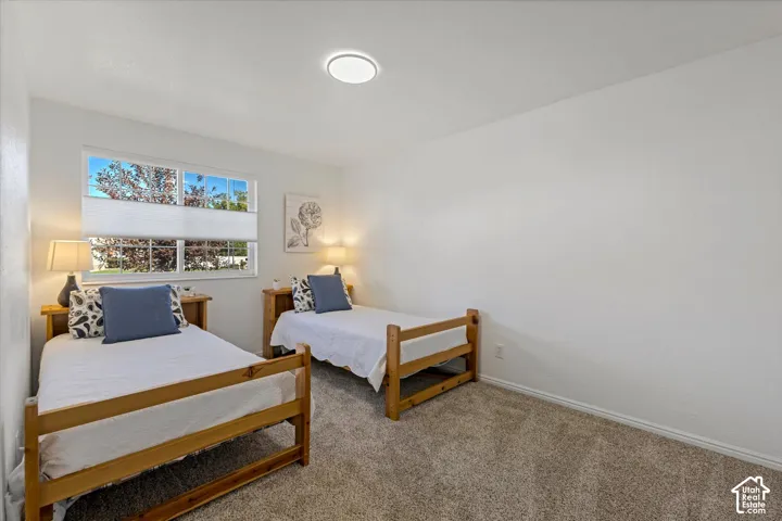 Wall-to-wall carpeted flooring, window with privacy blinds, and a flush-mount ceiling light