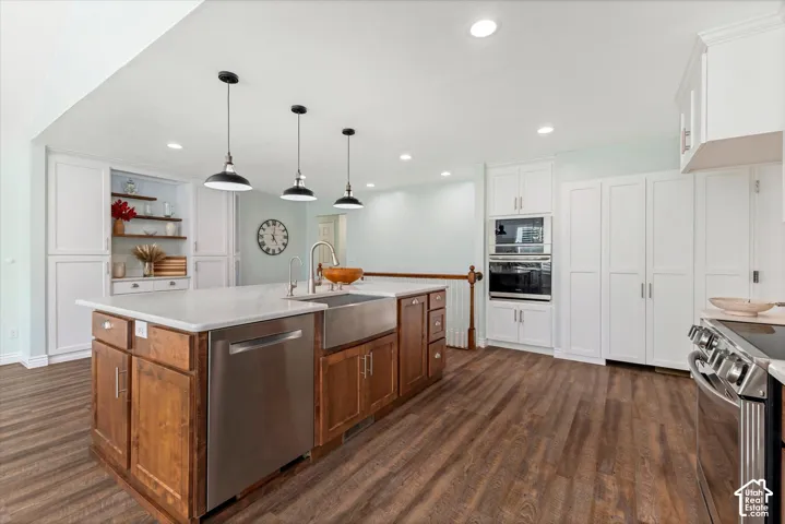 Kitchen featuring wood-finish flooring, white cabinetry, a large center island with a stainless steel sink, built-in double ovens, and recessed lighting