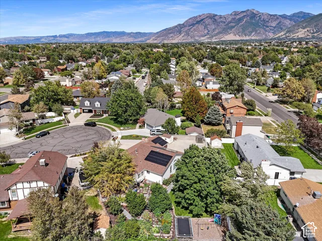 Expansive residential area with mature trees and mountain backdrop