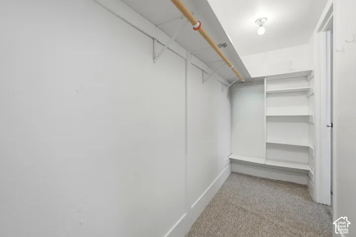 Built-in shelving, hanging rod, flush mount lighting, and light-tone carpet flooring