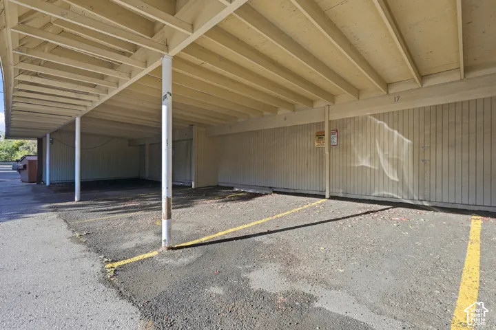 Covered parking spaces with painted line markings