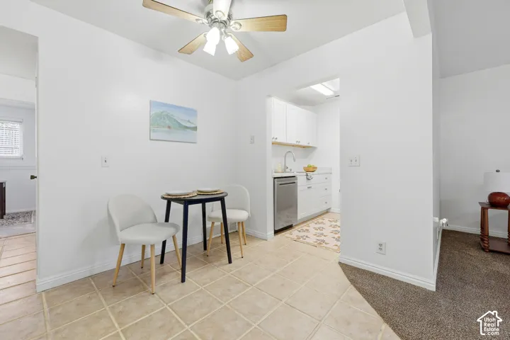 Tiled flooring with an overhead ceiling fan