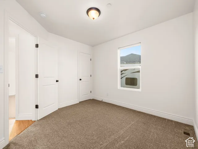 Carpet flooring, white walls, two solid panel doors with black hardware, flush mount light fixture, and a window with mountain scenery