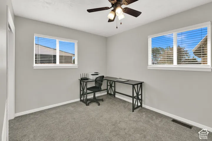 Neutral gray wall finish, carpet flooring, two windows with white blinds, and a ceiling fan with integrated lighting
