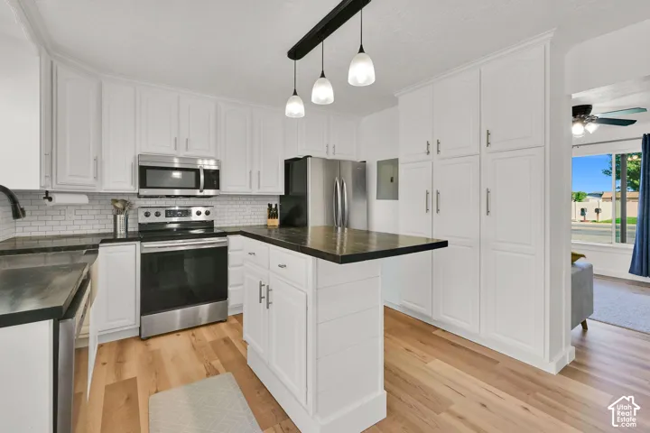 White shaker-style cabinetry, stainless steel appliances, dark countertops, a subway tile backsplash, and wood-finish flooring