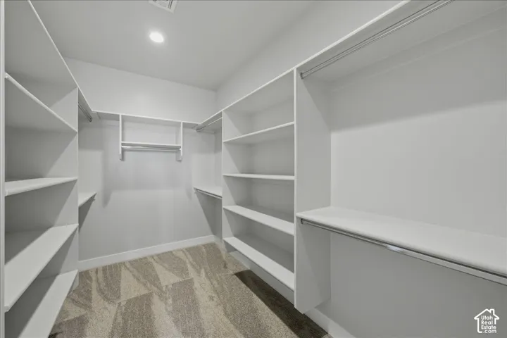 Walk-in closet featuring extensive built-in shelving, multiple hanging rods, and recessed lighting