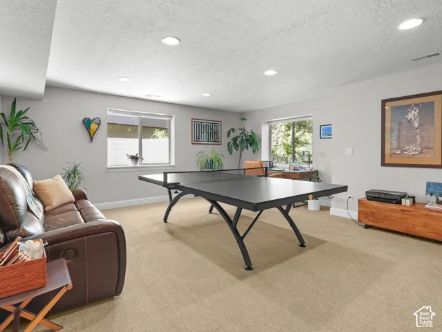 Recessed lighting, light neutral-toned walls, and carpet flooring create a spacious interior with multiple windows