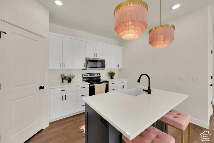 Modern kitchen featuring white shaker cabinetry, stainless steel appliances, a center island with an undermount sink, and wood-finish flooring