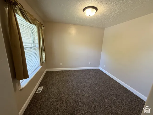 Neutral wall color, wall-to-wall carpeting, window with blinds, and flush mount ceiling light fixture