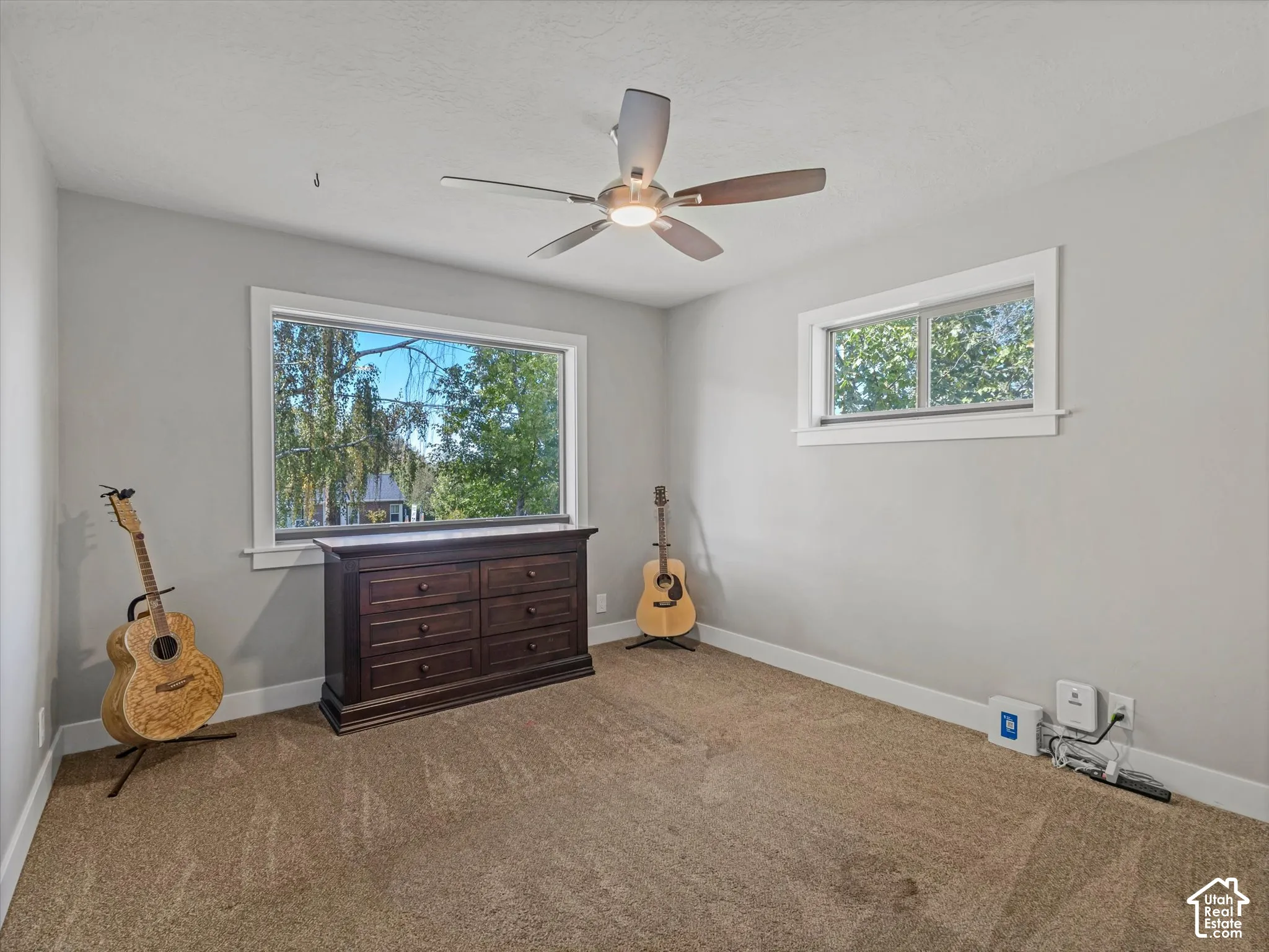 Recessed lighting, ceiling fan, carpeting, two windows, and light gray walls