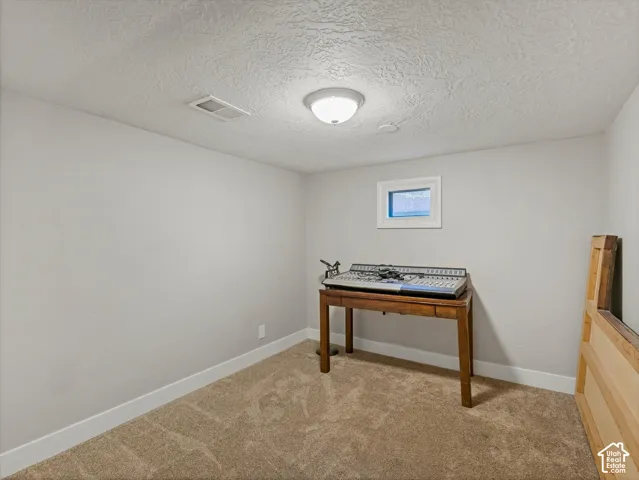 Recessed window, textured ceiling, flush mount lighting, light-colored walls, and neutral carpet flooring