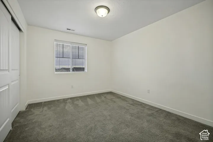 Carpeted flooring, window with horizontal blinds, flush mount ceiling light, and a sliding barn door