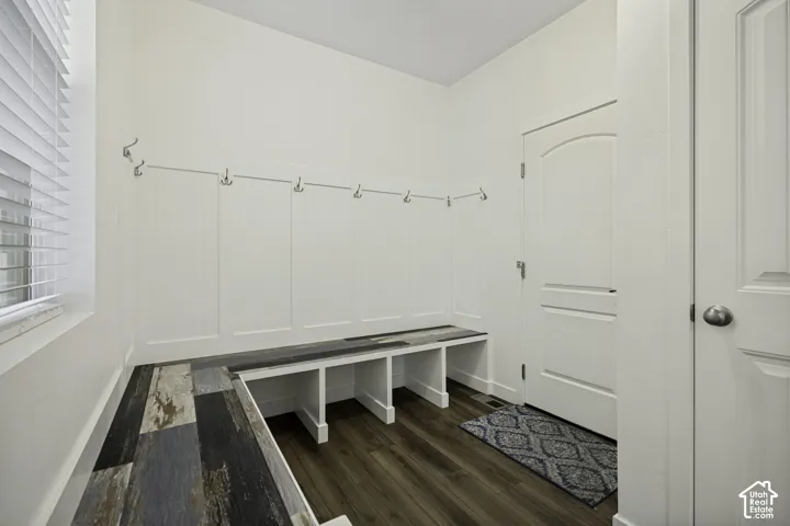 Dedicated mudroom featuring built-in cubbies with individual shelving compartments, warm wood-finish flooring, and a decorative wire photo display line