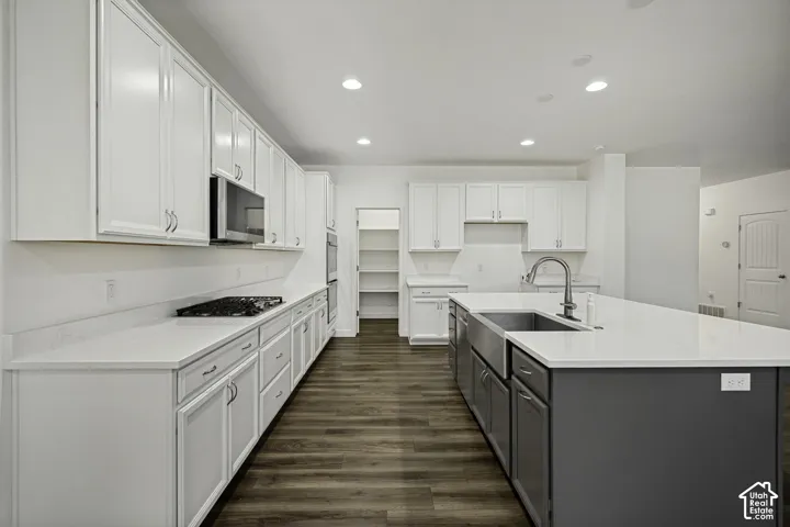 Modern kitchen featuring extensive white cabinetry, light countertops, wood-finish flooring, a stainless steel basin sink, and a large central island with contrasting gray cabinetry