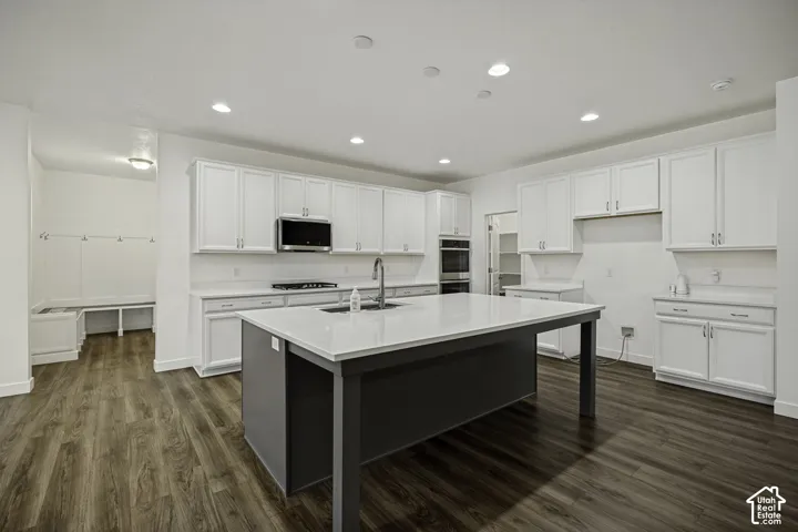 Spacious kitchen featuring an expansive center island with an integrated sink, white shaker cabinetry, stainless steel appliances, and wood-finish flooring