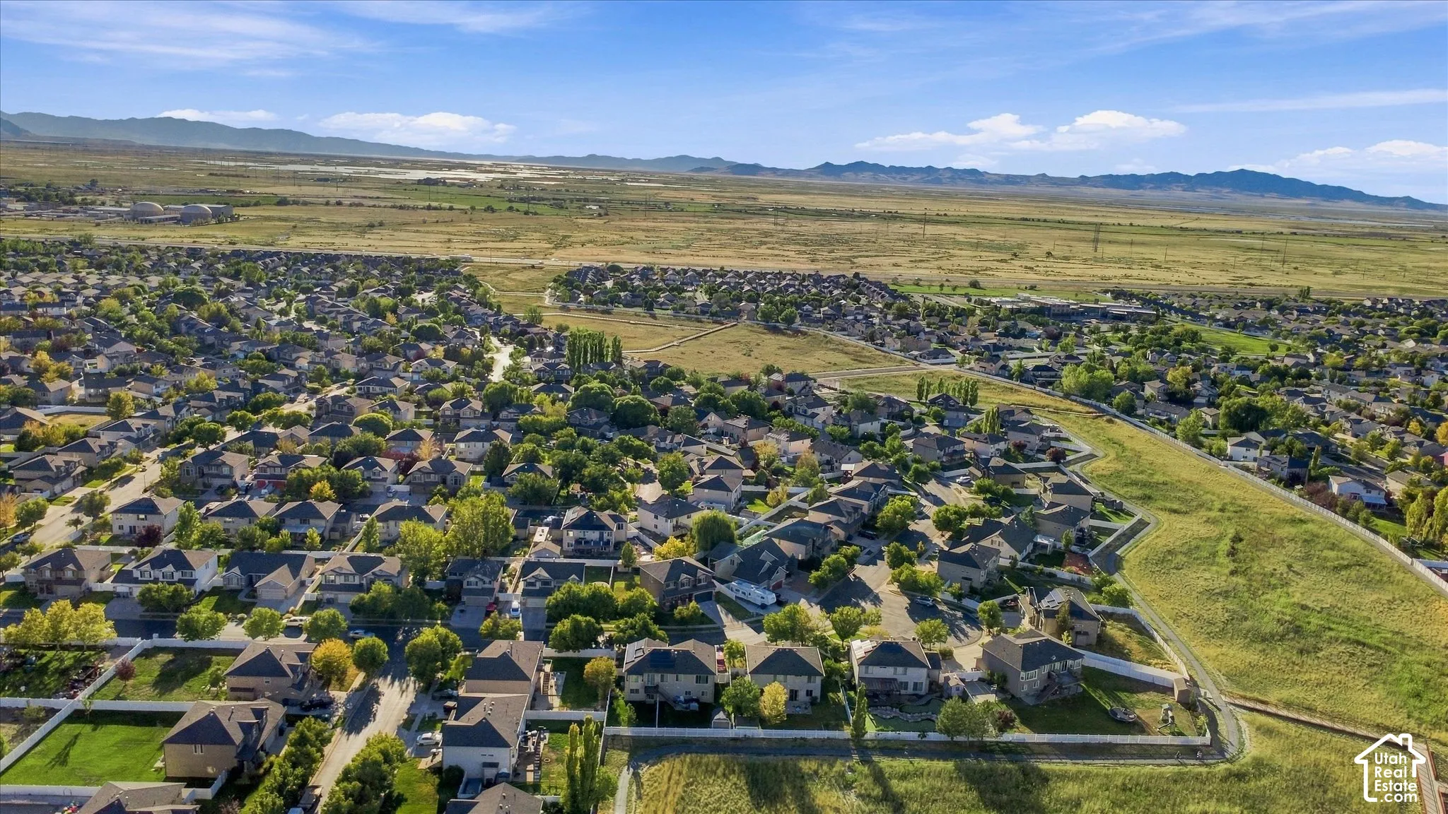 Aerial perspective showcasing a residential community with abundant mature trees and expansive undeveloped land