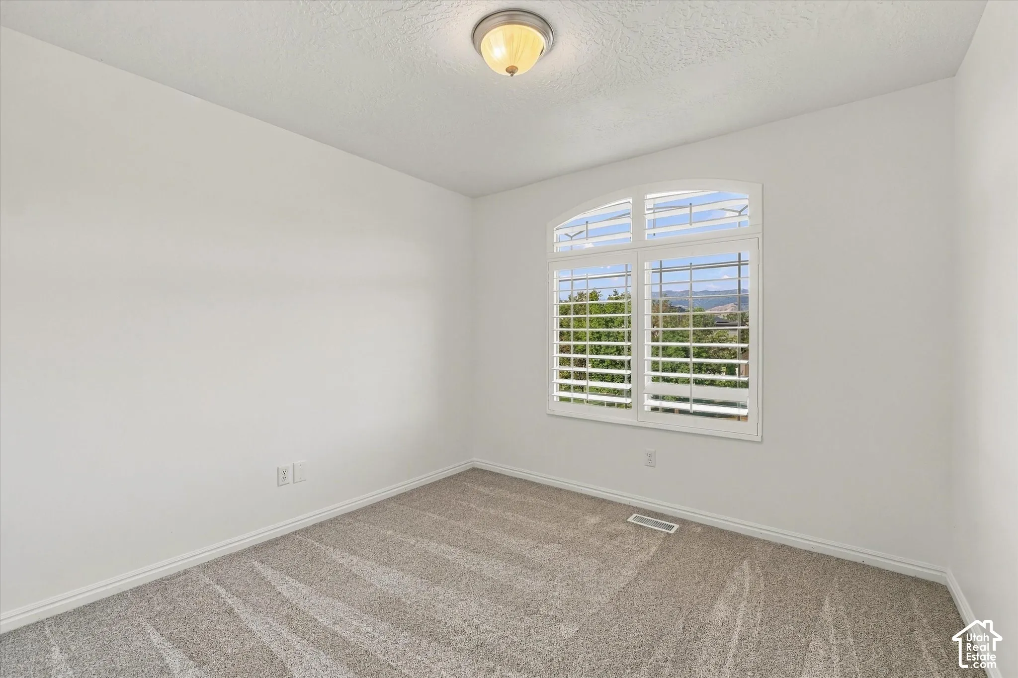 Arched window with white plantation shutters, neutral tone carpet, and a flush mount ceiling light