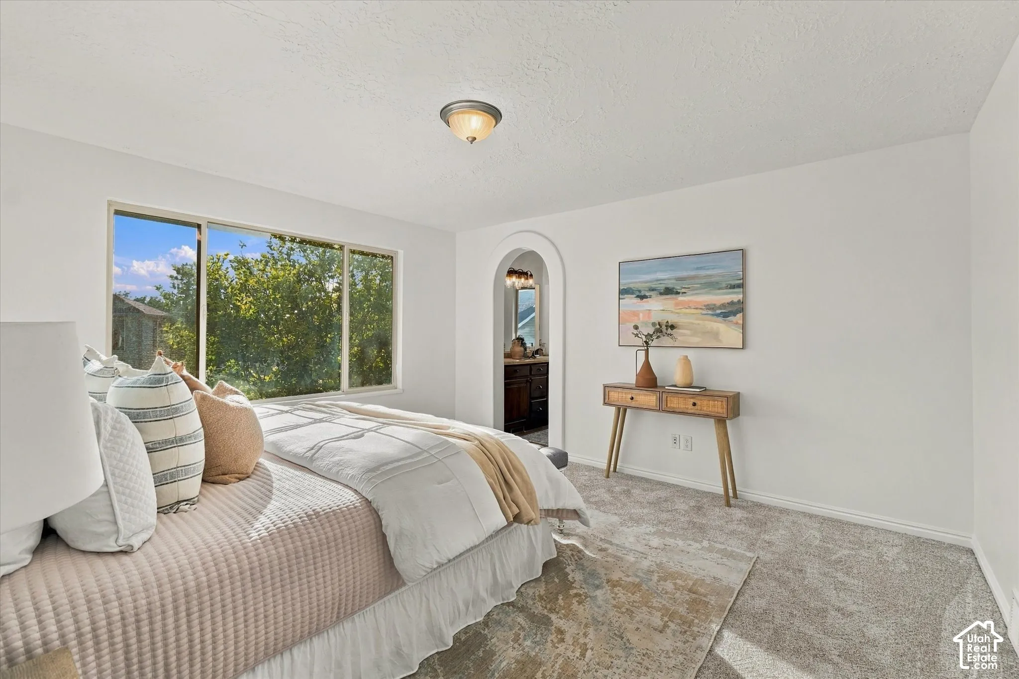 White walls with a light-colored ceiling, gray carpet, and a large window