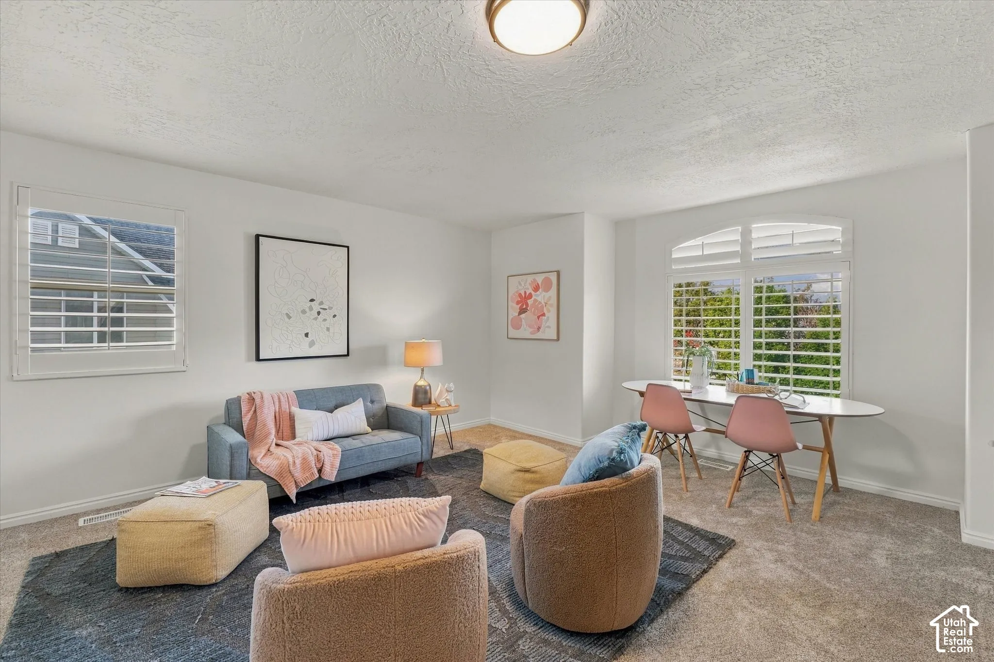 Carpeted living area featuring white walls, white window shutters, and a flush mount ceiling light fixture