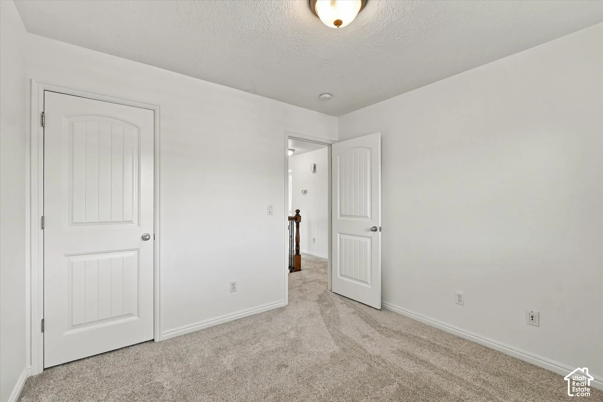 Light-toned carpet flooring, white painted walls, and white paneled doors