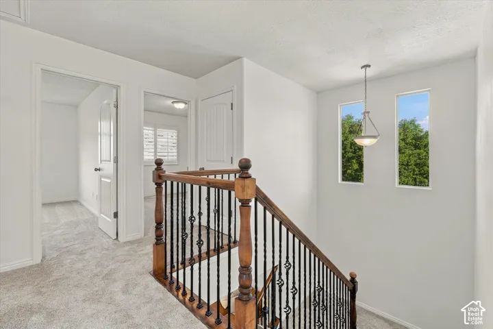 Staircase with wood banister and wrought iron spindles