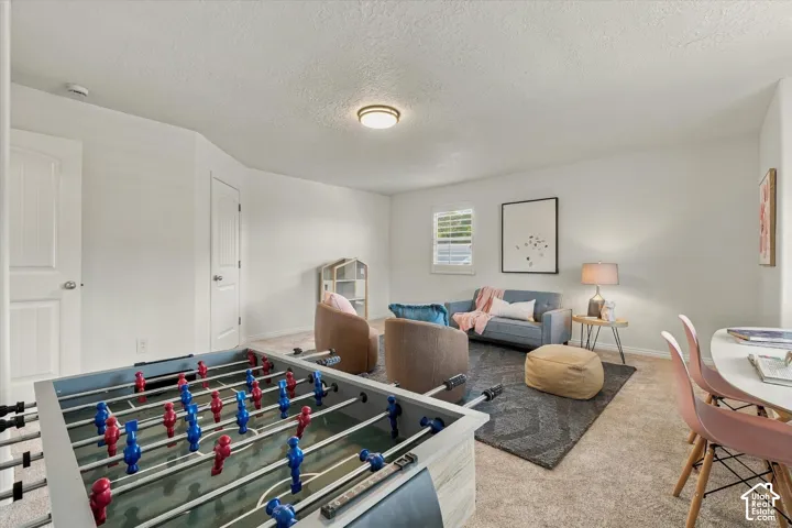 Carpeted flooring, white walls, and a flush mount ceiling light