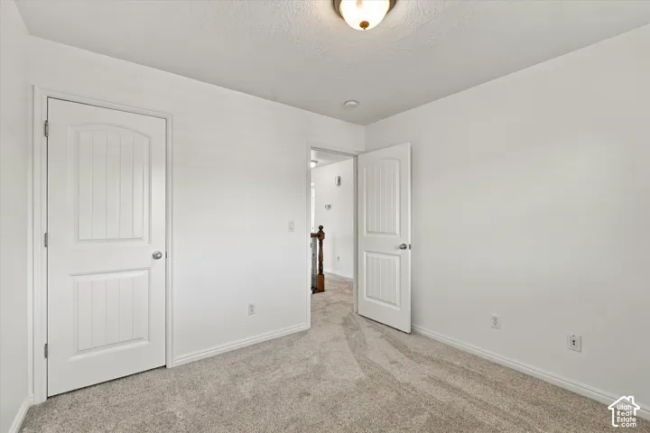 Light-toned carpet flooring, white painted walls, and white paneled doors