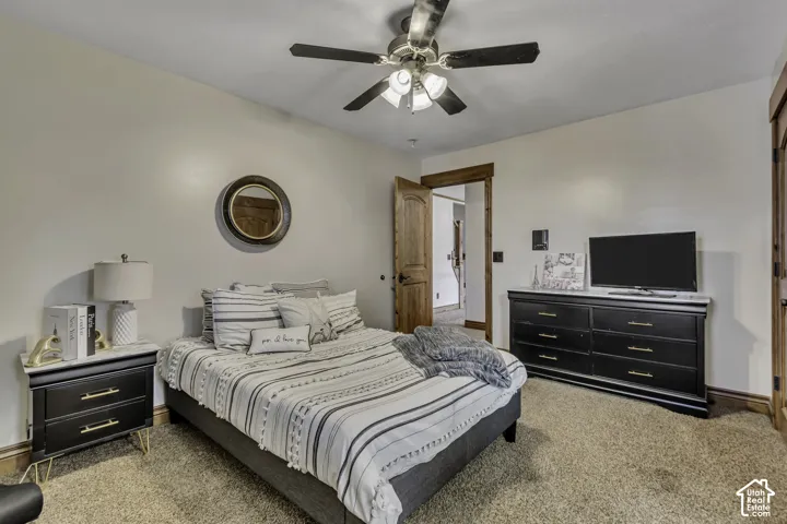 Carpeted flooring, ceiling fan with integrated lighting, wood-finish door frames, and a built-in wall mirror