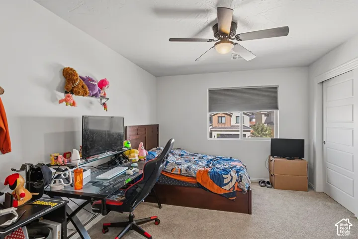 Ceiling fan with integrated lighting, wall-to-wall carpeting, window with privacy blind, solid-panel interior door
