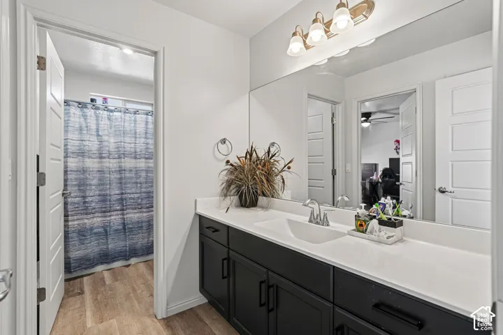 Dual vanity with white countertop and integrated sinks, dark cabinetry, and wood-finish flooring