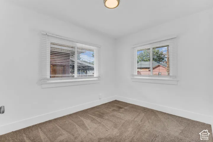 White painted walls with white trim, brown carpet flooring, and a ceiling-mounted light fixture