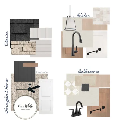 Design Board. Illustrating material and finish selections for the property's exterior, interior, kitchen, and bathrooms