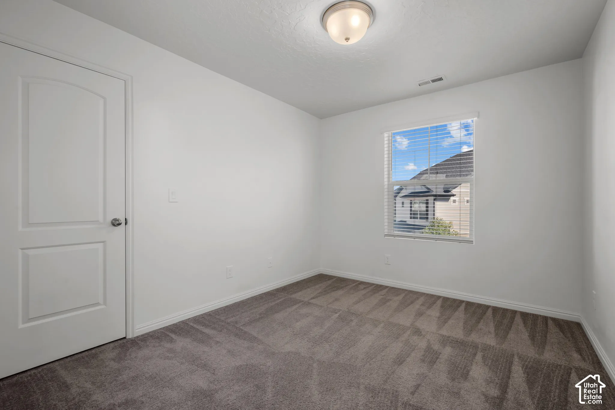 White walls, gray patterned carpet, ceiling-mounted light fixture, white interior door, and window with blinds