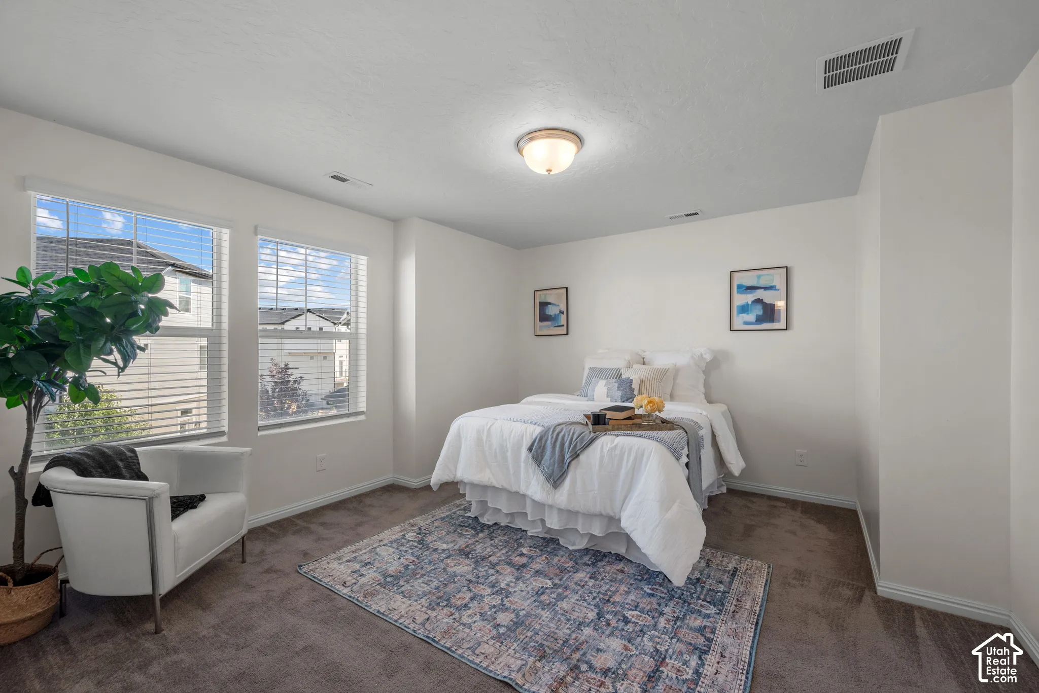 Neutral-toned walls complement the dark carpeting
