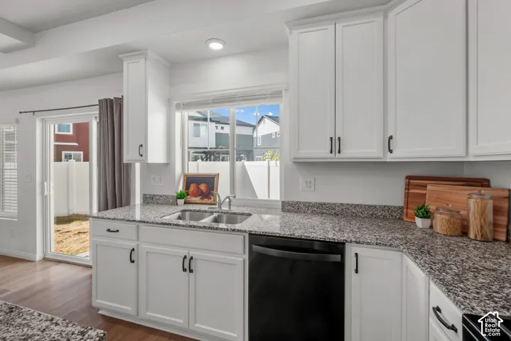 White cabinetry with matte black hardware, dual basin stainless steel sink, granite-style countertops, and wood-finish flooring