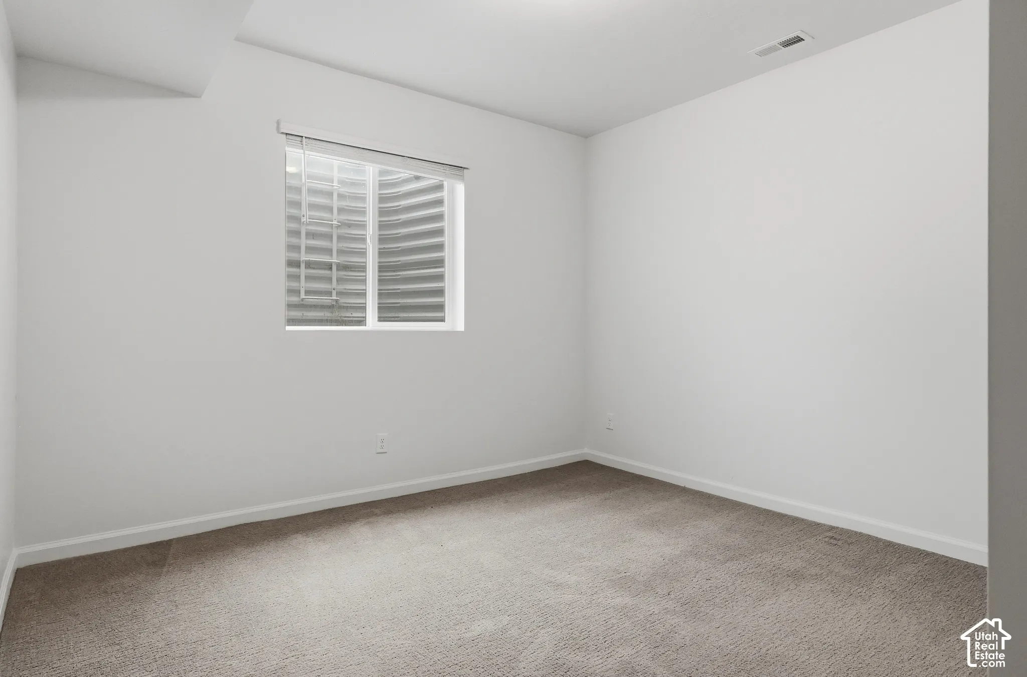 Neutral wall finishes with a window, window blinds, and carpeted flooring