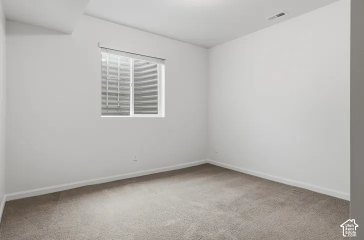 Neutral wall finishes with a window, window blinds, and carpeted flooring