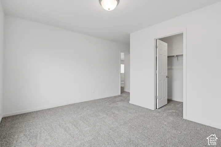 Plush gray carpeting throughout, featuring white painted walls and a flush-mount ceiling light