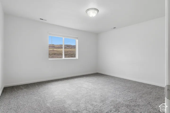 Spacious room featuring gray carpeting, white walls, a single window, and an overhead flush-mount light fixture