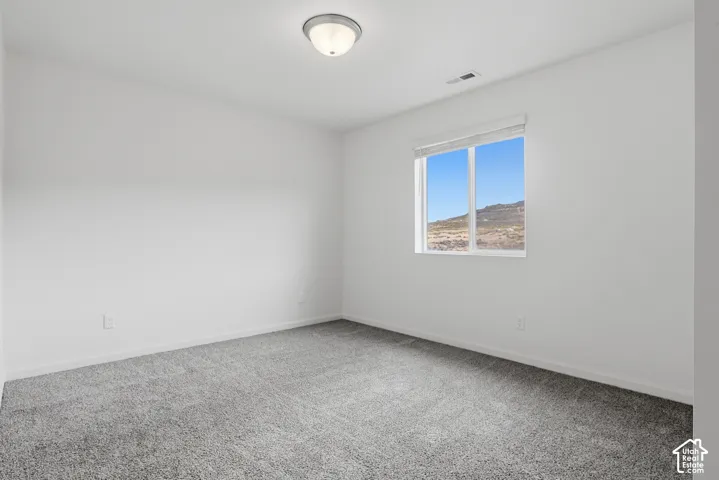 Light grey carpeting, white painted walls, and a single window with a white frame