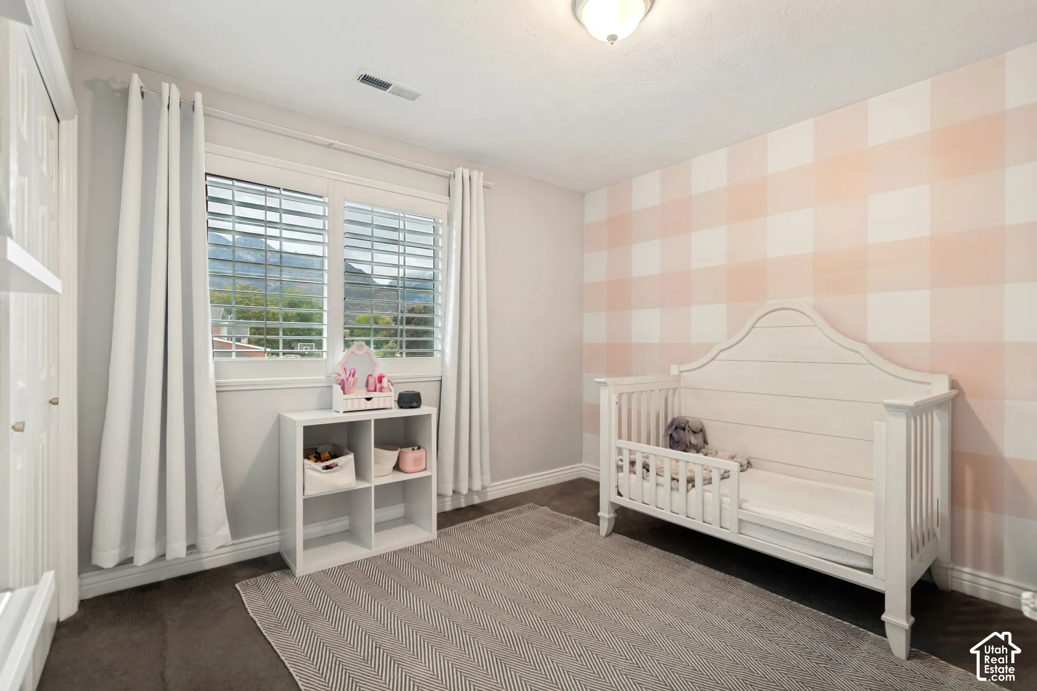 Neutral wall paint, window with white plantation shutters, textile window treatments, overhead light fixture, and dark carpet flooring