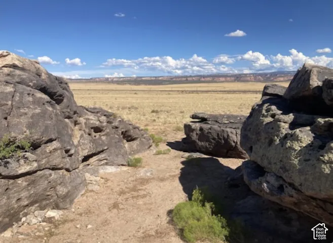 Expansive desert landscape with natural rock formations and distant mesa features